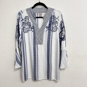 Chico's Blue and White Striped Embroidered V-Neck Blouse